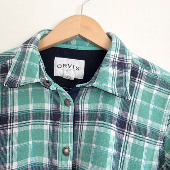 Orvis Flannel Shacket, Fleece Lined Green and Blue Shirt Jacket, Fall Transition - Picture 3 of 9